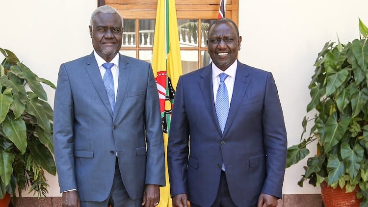 File image of President William Ruto and AU Chairperson Moussa Faki